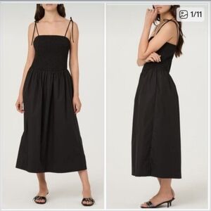 ASTR the Label Drop Waist Smocked Cotton Midi Dress Black Large NWOT